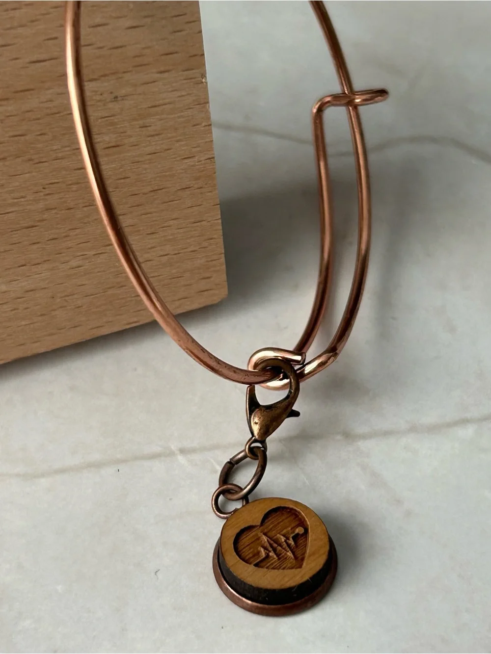 Copper Tone Expandable Bracelet with Wood Heart Charm
